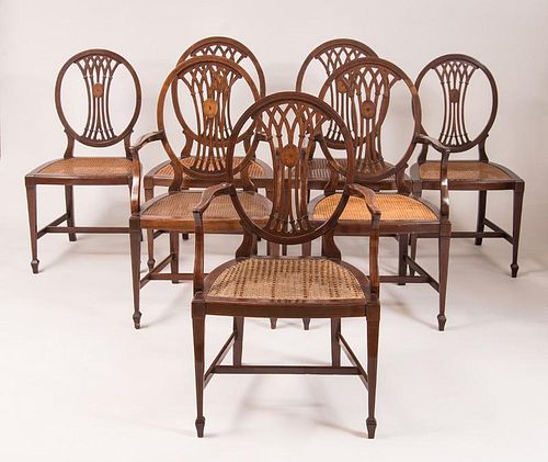 Set of Seven George III Style Inlaid Mahogany and Caned Dining Chairs