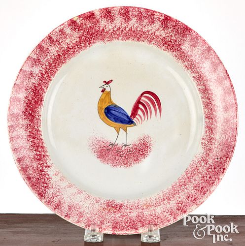 Red spatterware rooster plate, 19th c.