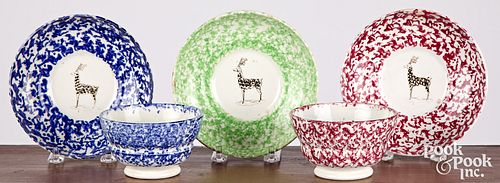 Three deer spongeware cups and saucers, 19th c.