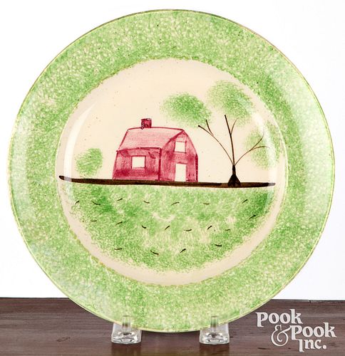 Green spatterware schoolhouse plate, 19th c.