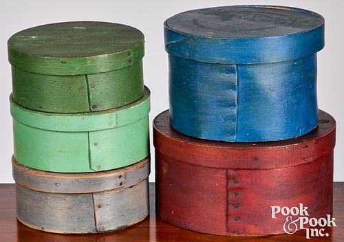 Five painted bentwood pantry boxes, 19th c.
