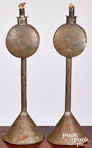Unusual pair of tin fluid lamps, 19th c.
