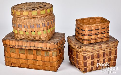 Four Woodlands painted splint covered baskets