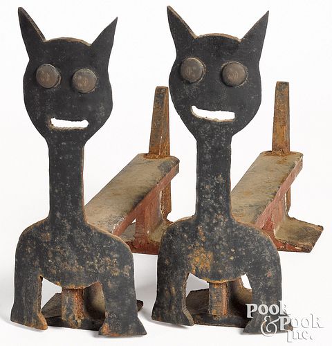 Pair of folky sheet steel cat andirons