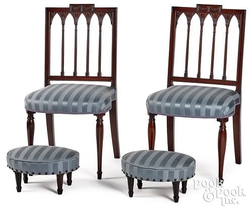 Pair of Sheraton mahogany chairs and foot stools