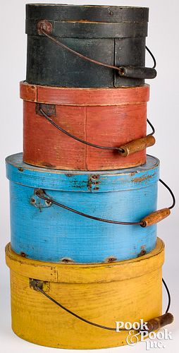 Four painted bentwood pantry boxes, 19th c.