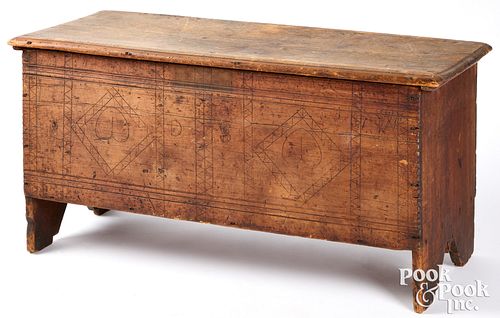Pilgrim century carved pine blanket chest