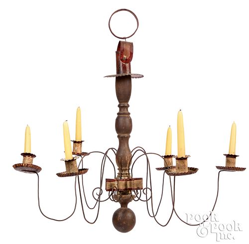 Iron, painted wood and tin chandelier, 18th/19th c