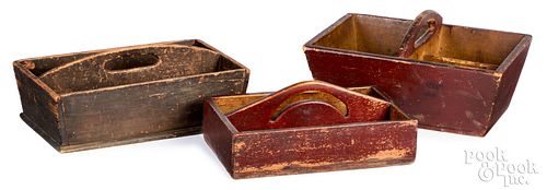 Three painted pine cutlery trays, 19th c.