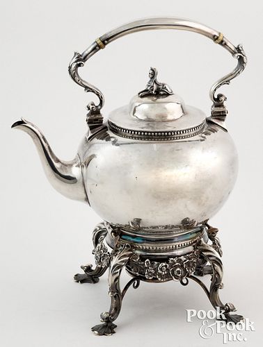 Boston coin silver kettle on stand, mid 19th c.