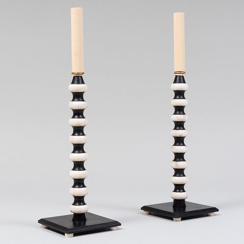 Pair of Bone and Ebonized Table Lamps