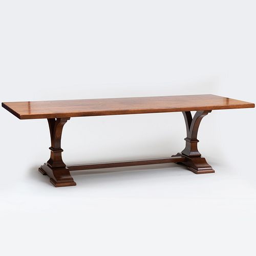 Contemporary Walnut Double Pedestal Trestle Form Dining Table