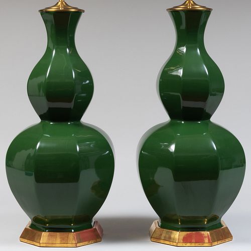 Pair of Christopher Spitzmiller Green-Glazed Octagonal-Form Double-Gourd Porcelain 'Alexander' Table Lamps