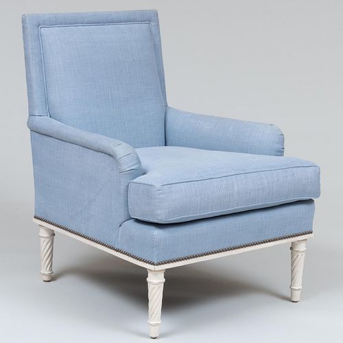 Contemporary White Painted and Linen Upholstered Armchair, Designed by Bunny Williams
