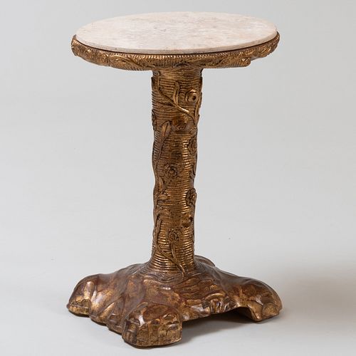 Small Faux Bois Gilt Composition and Travertine Oval Side Table