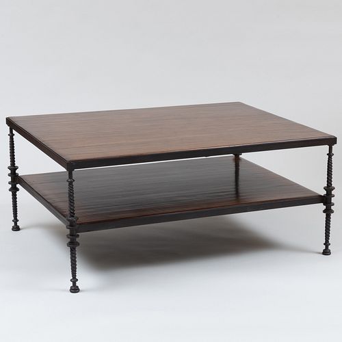 Wrought-Iron and Stained Walnut Two Tier Low Table