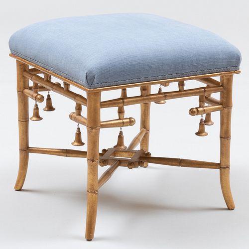 Giltwood Faux Bamboo and Linen Upholstered Stool, of Recent Manufacture