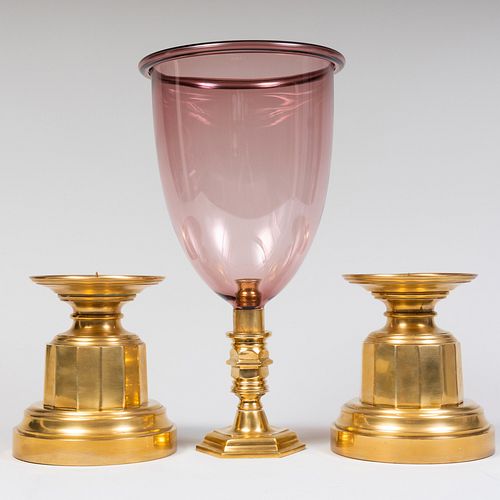 Pair of Brass Candle Holders and an Amethyst Glass Photophore