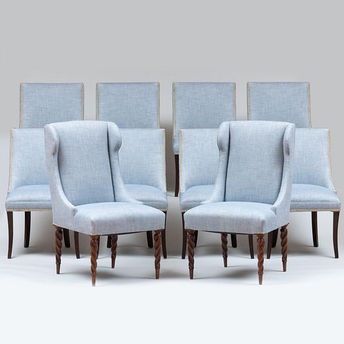 Assembled Set of Ten Linen Upholstered Dining Chairs