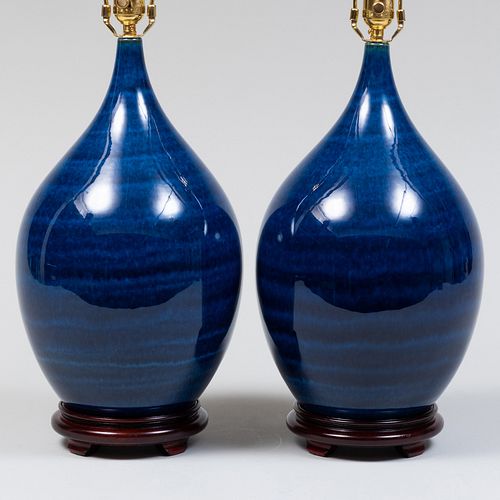 Pair of Contemporary Blue-Glazed Porcelain Teardrop Form Vases, Mounted as Table Lamps