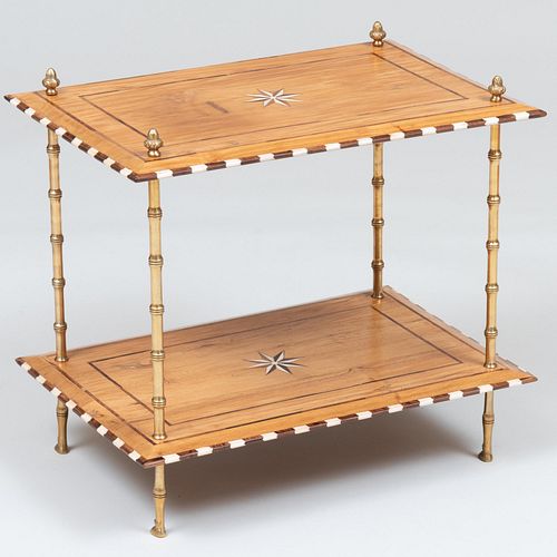 Contemporary Gilt-Metal Faux Bamboo, Bone and Coconut-Inlaid Fruitwood Two Tier Side Table