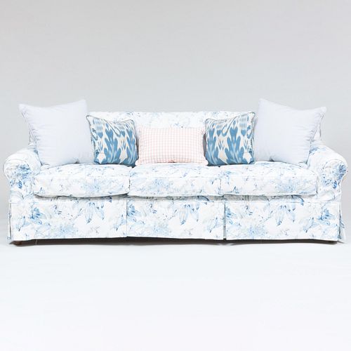 Modern Blue Floral Linen Slip Covered Three Seat Sofa, A. Schneller Sons, Inc.
