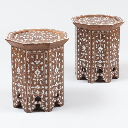 Two North African Inlaid Mother-of-Pearl and Bone Hardwood Octagonal Side Tables