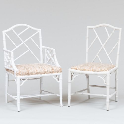 White Painted Faux Bamboo Armchair together with a Similar Side Chair