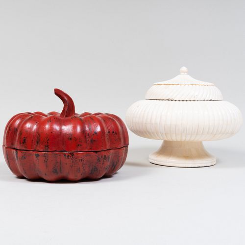 Japanese Red Lacquer Gourd Form Box and Cover and a Bone Mounted Box and Cover