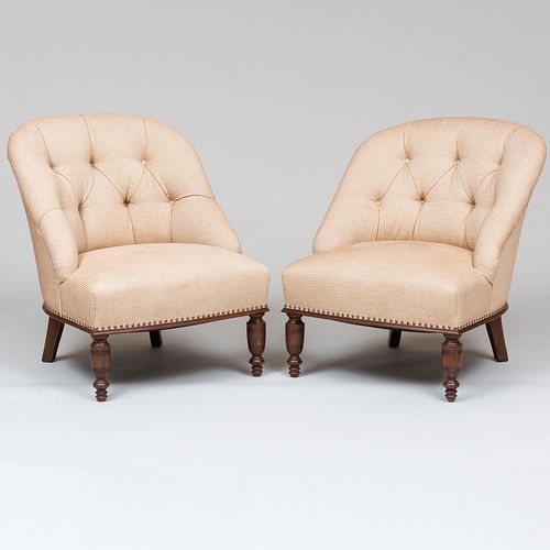 Pair of Victorian Style Stained Oak and Tufted Upholstered Slipper Chairs
