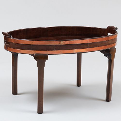 George III Style Copper-Bound Mahogany Tray on Stand