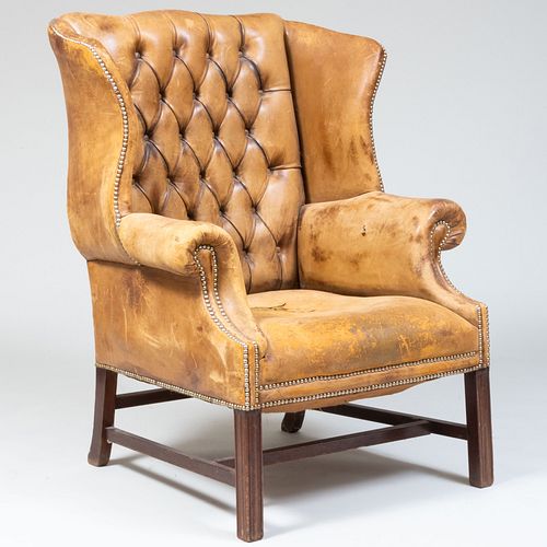 George III Style Mahogany and Tufted Leather Library Wing Chair