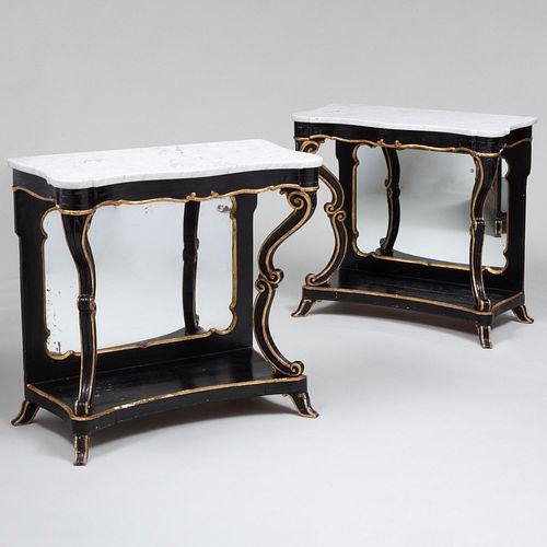 Pair of Italian Ebonized and Parcel-Gilt Console Tables with Marble Tops