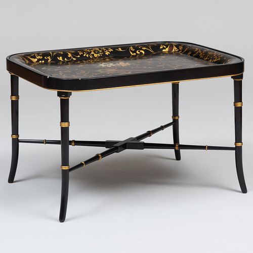 English Black and Polychrome Painted TÃ´le Tray on Later Stand
