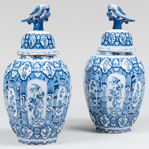 Pair of Dutch Blue and White Delft Vases and Covers
