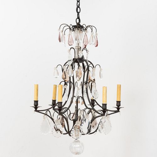 Louis XV Style Patinated-Metal Colored and Clear Glass Six-Light Chandelier