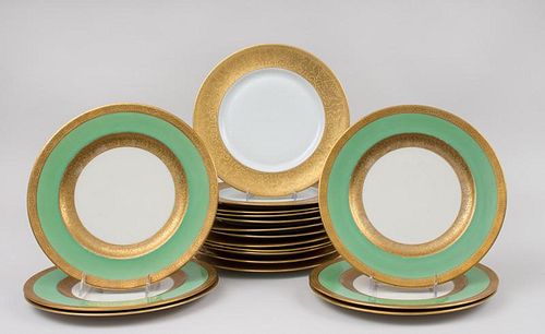 Set of Twelve Selb Bavarian Gold-Embossed Porcelain Service Plates and Six Gordon Belleek Gold-Embossed Plates