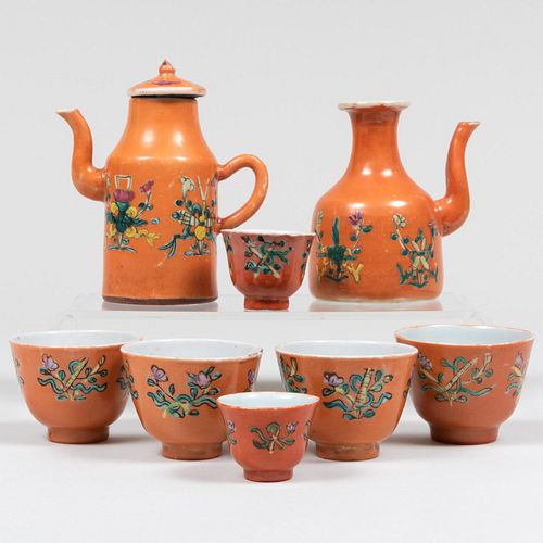 Chinese Iron Red Ground Porcelain Set