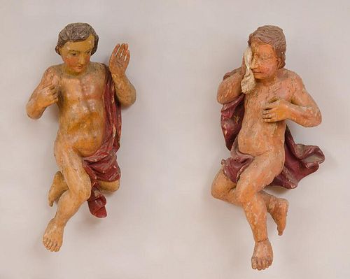 Two Continental Polychrome Painted Wood Cherubs