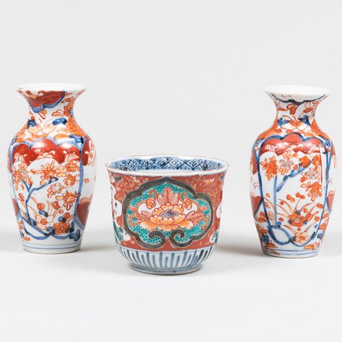 Pair of Japanese Imari Porcelain Vases and a Teabowl