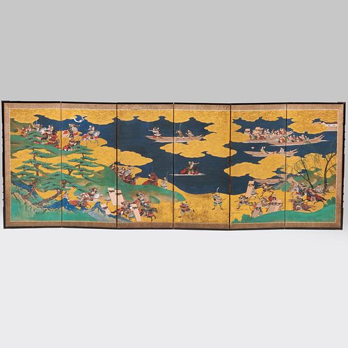 Japanese Six Panel Screen of Heike, Battle of Yashima