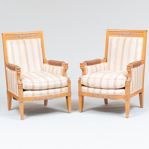 Pair of Contemporary Carved and Limed Birch Upholstered BergÃ¨res