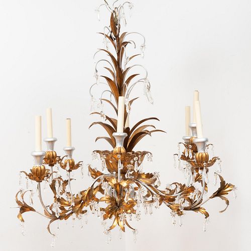 Louis XVI Style Gilt Metal Tôle Peinte and Glass Eight-Light Chandelier