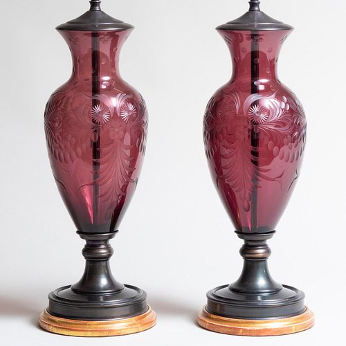 Pair of Etched Amethyst Glass Table Lamps