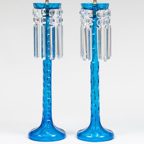 Pair of Blue Glass Lusters Mounted asTable Lamps, Possibly Baccarat