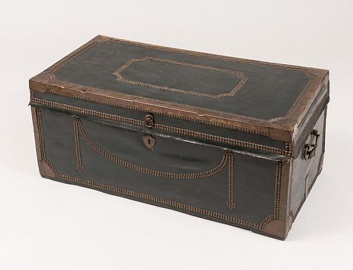 Chinese Export Brass-Mounted Green Leather Travelling Trunk