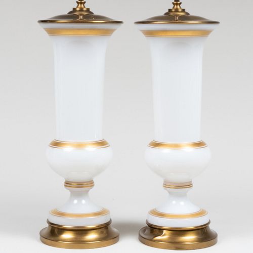 Pair of Gilt Banded Milk Glass Urns Mounted as Table Lamps