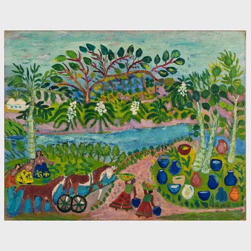 Ruth Livingston: Shore Play; Off to School; On the Farm; and Tropical Landscape