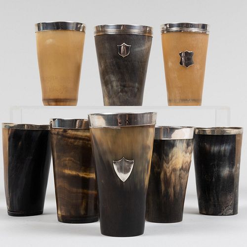 Group of Six Silver-Mounted Horn Cups