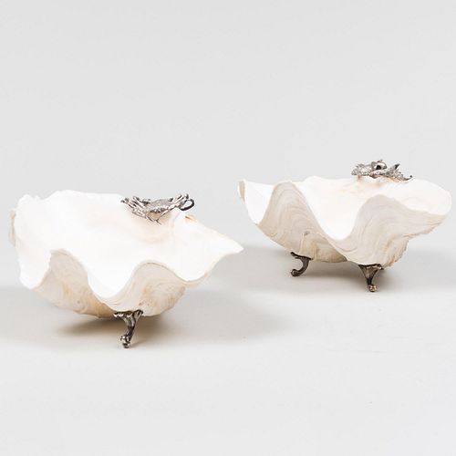 Pair of Shells Mounted with Silver Metal Crustaceans